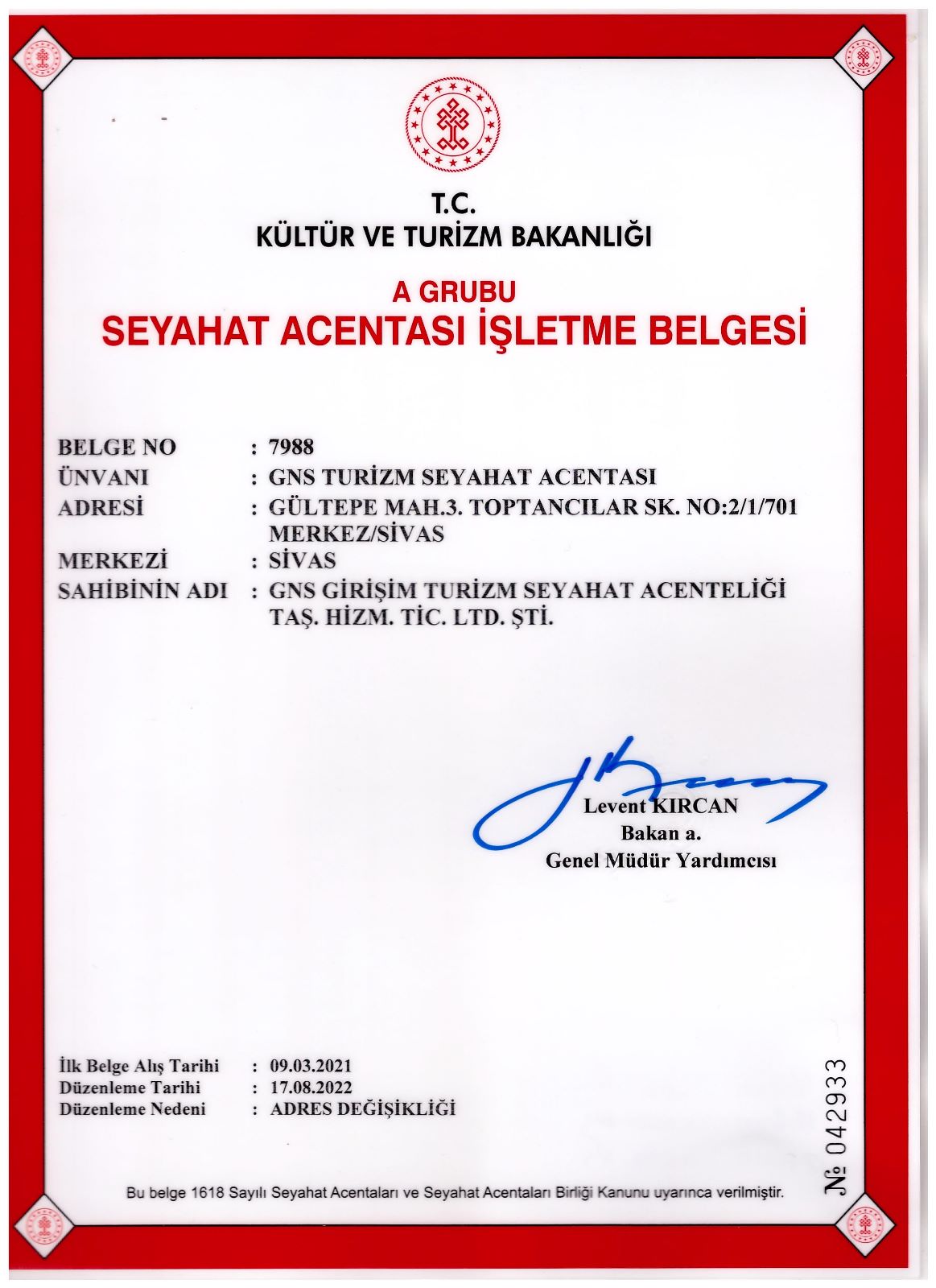 TÜRSAB A Grubu Seyahat Acentası İşletme Belgesi